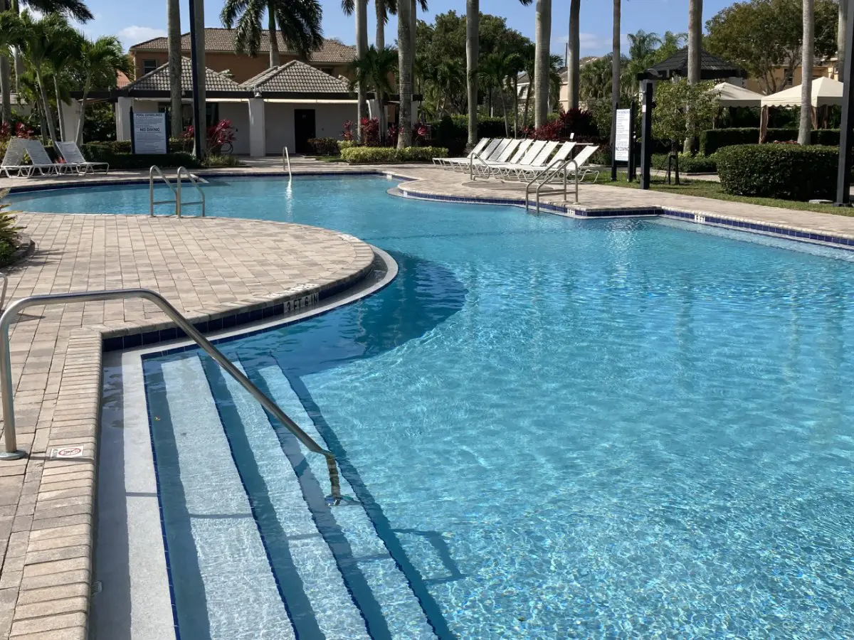 A pool with chairs and palm trees in the background.